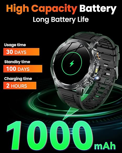 Military Smart Watches for Men 1000 mAh Battery, Led Flashlight, Answer/Make Calls Sport Modes Fitness Watch for Android/iPhone 