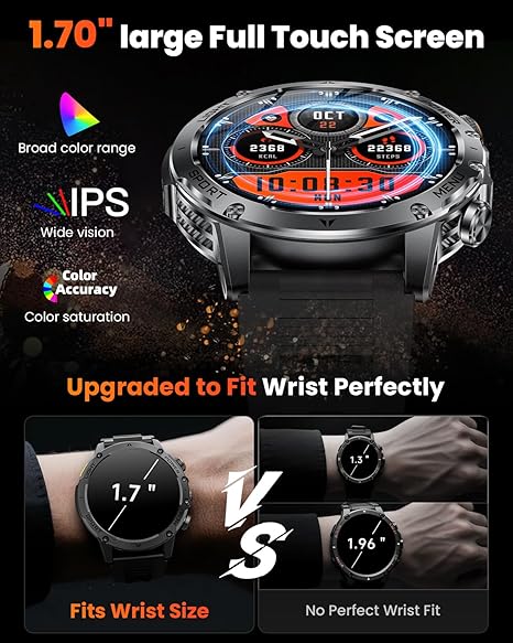 Military Smart Watches for Men 1000 mAh Battery, Led Flashlight, Answer/Make Calls Sport Modes Fitness Watch for Android/iPhone 
