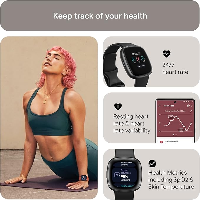 Fitbit Versa 4 Fitness Smartwatch with Daily Readiness, GPS, 24/7 Heart Rate, 40+ Exercise Modes, Sleep Tracking and more, Black/Graphite, One Size (S &amp; L Bands Included) 