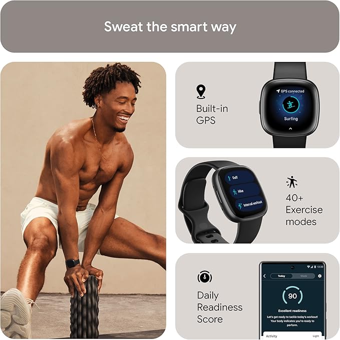 Fitbit Versa 4 Fitness Smartwatch with Daily Readiness, GPS, 24/7 Heart Rate, 40+ Exercise Modes, Sleep Tracking and more, Black/Graphite, One Size (S &amp; L Bands Included) 