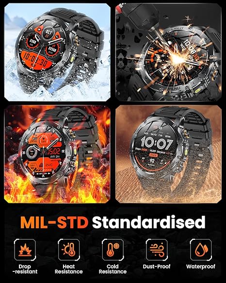 Military Smart Watches for Men 1000 mAh Battery, Led Flashlight, Answer/Make Calls Sport Modes Fitness Watch for Android/iPhone 